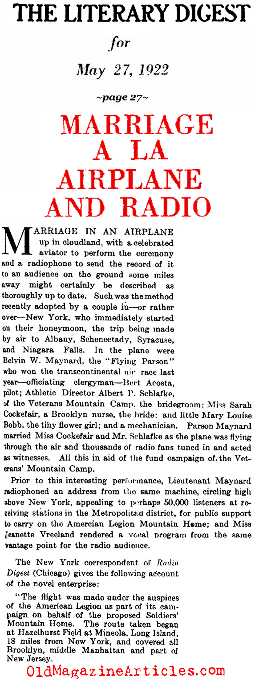 Just Another Airborne Wedding Ceremony (Literary Digest, 1922)